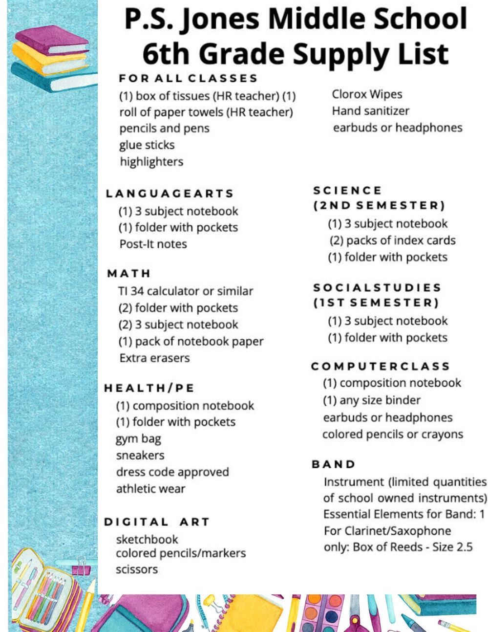  6th Grade Supply List